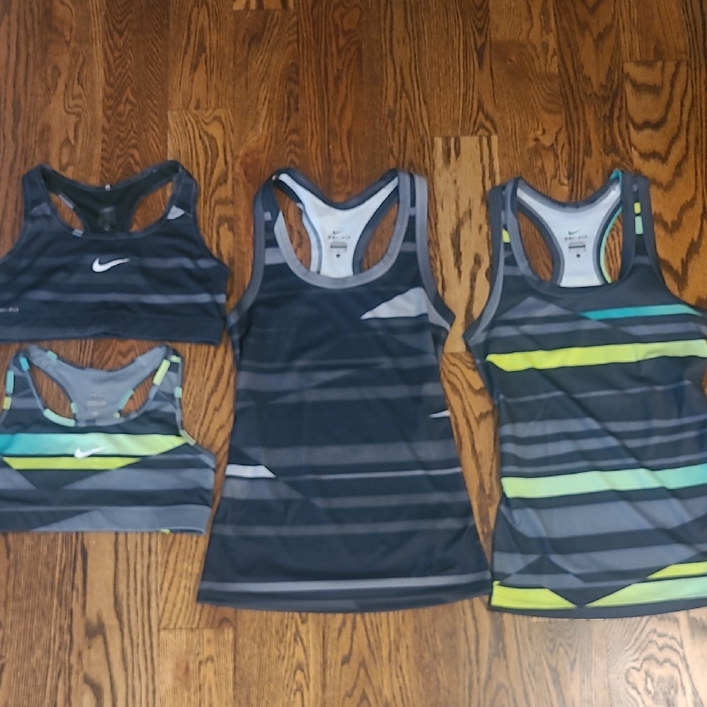 Nike Women's Striped Sports BRA and Tank Set - Blue and Green & Black And Grey
